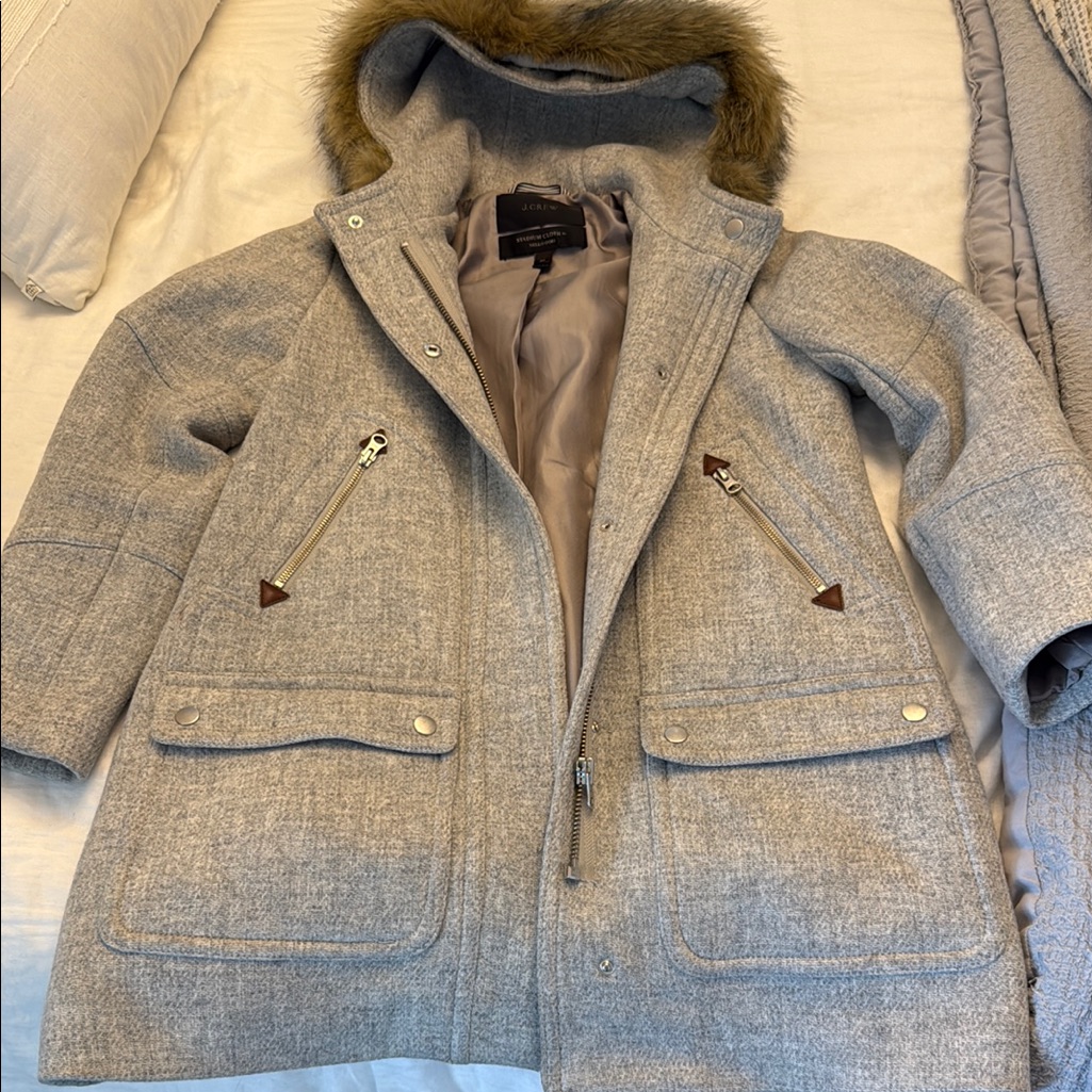 J. Crew Gray Hooded Jacket With Faux Fur Trim